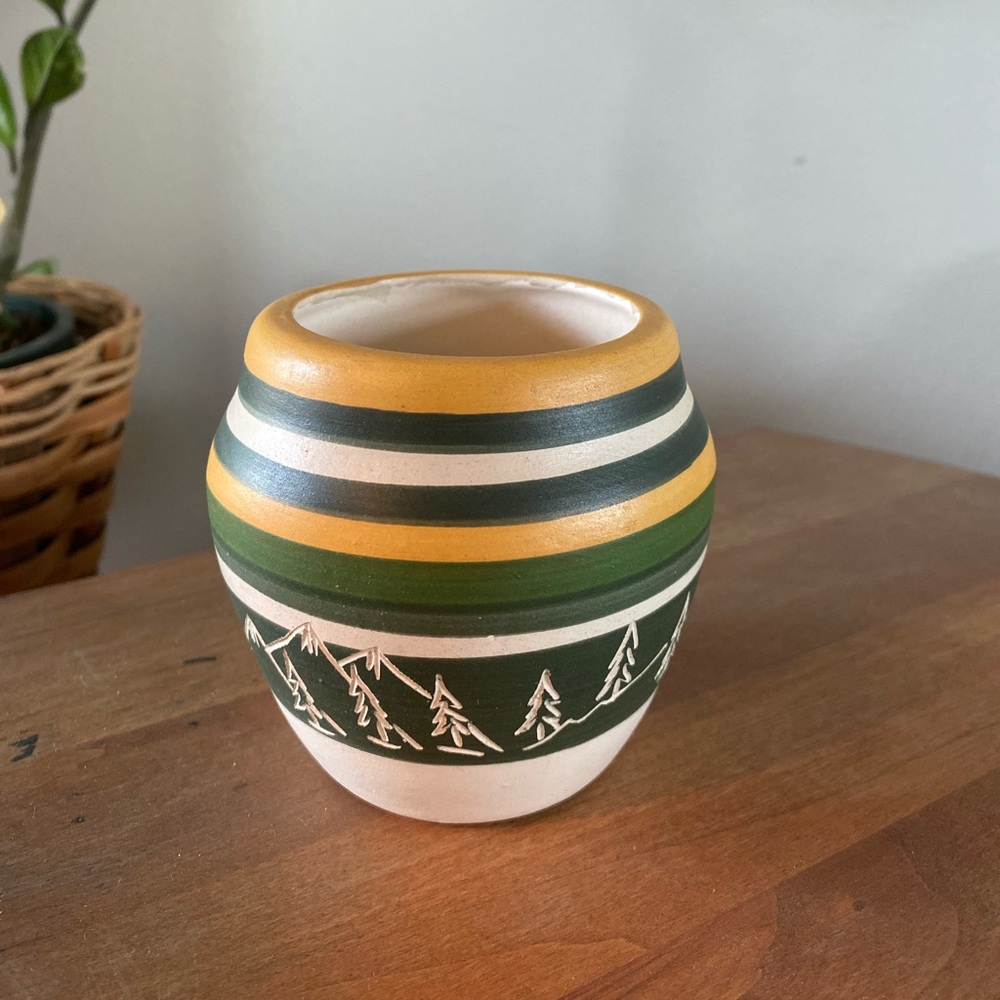 Hand-Painted Green and Gold Striped Ceramic Vase - Rustic Home Art Pottery 3.5”